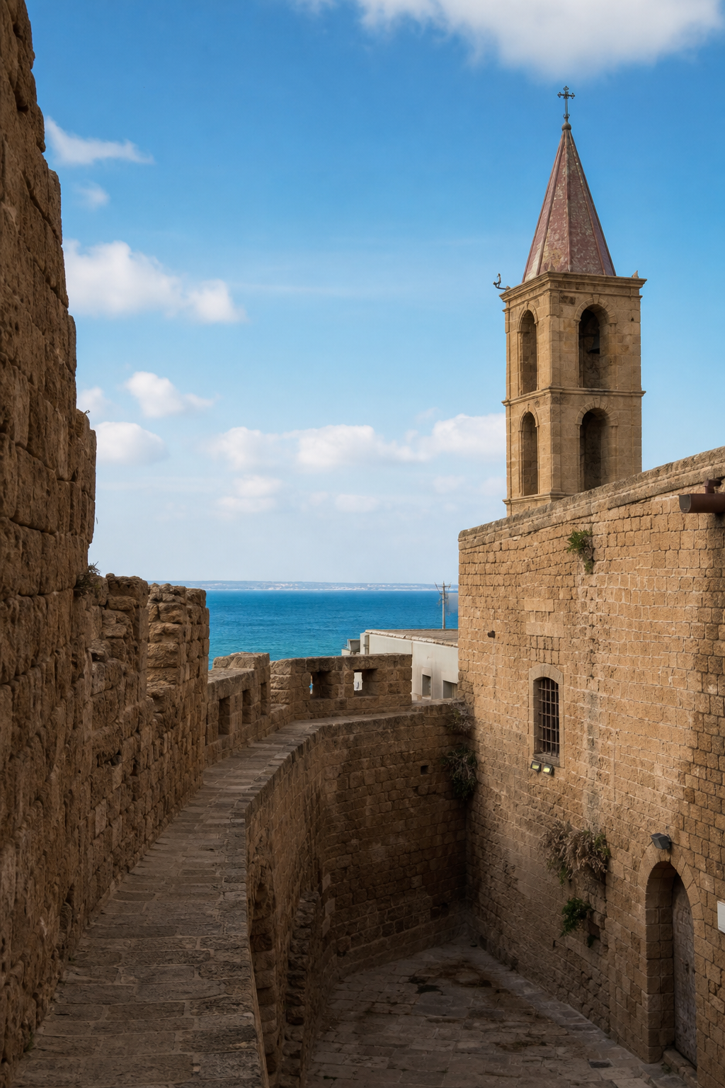 Ancient stone architecture and Crusader walls in Akko Old City