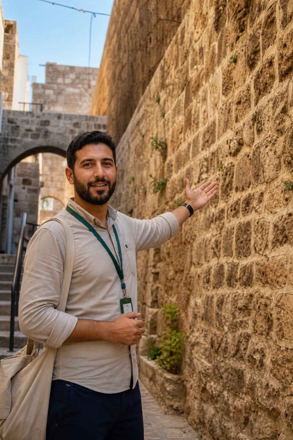 Tour guide in Akko Old City stone alley pointing toward historic walls