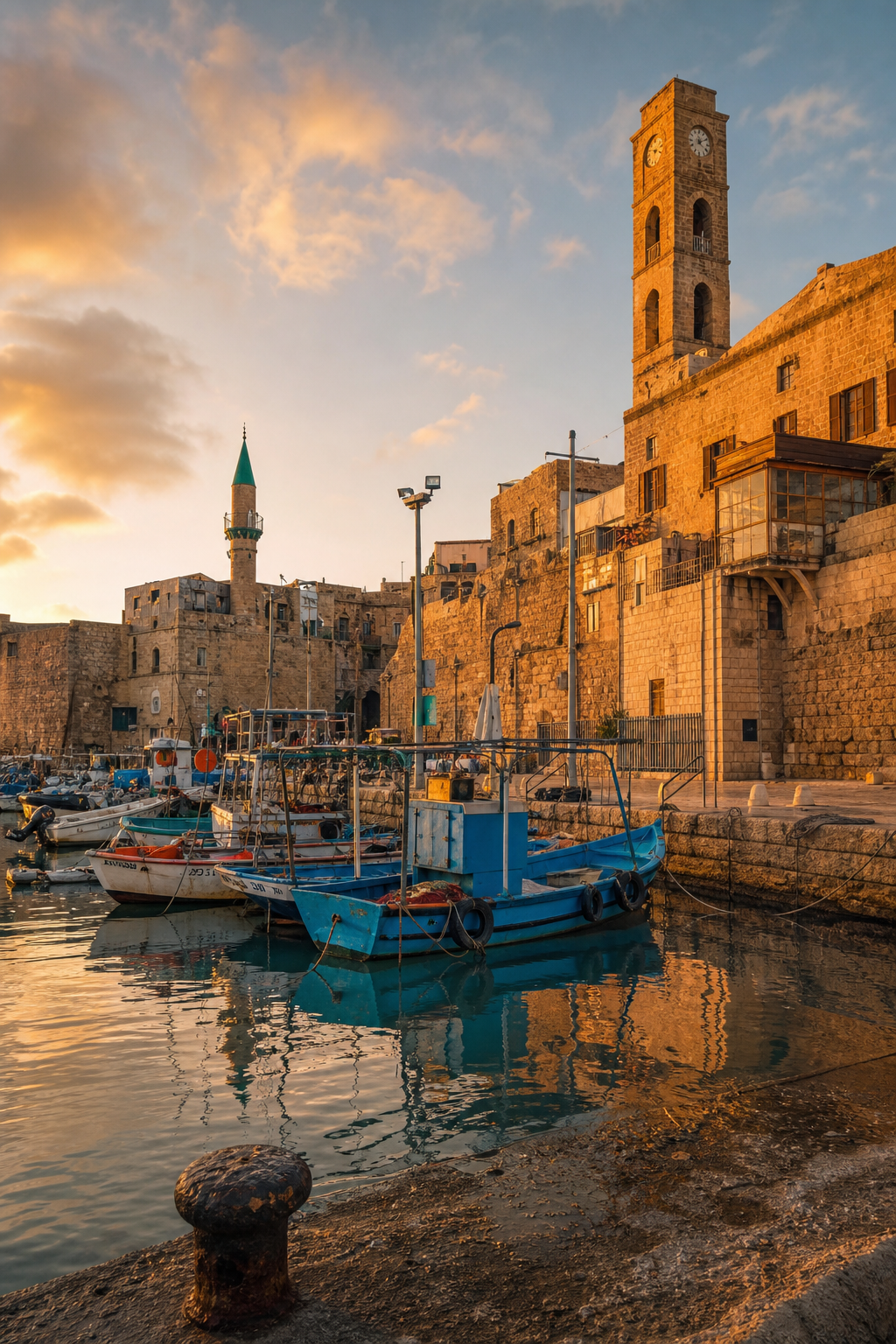 Akko harbor with fishing boats at golden hour