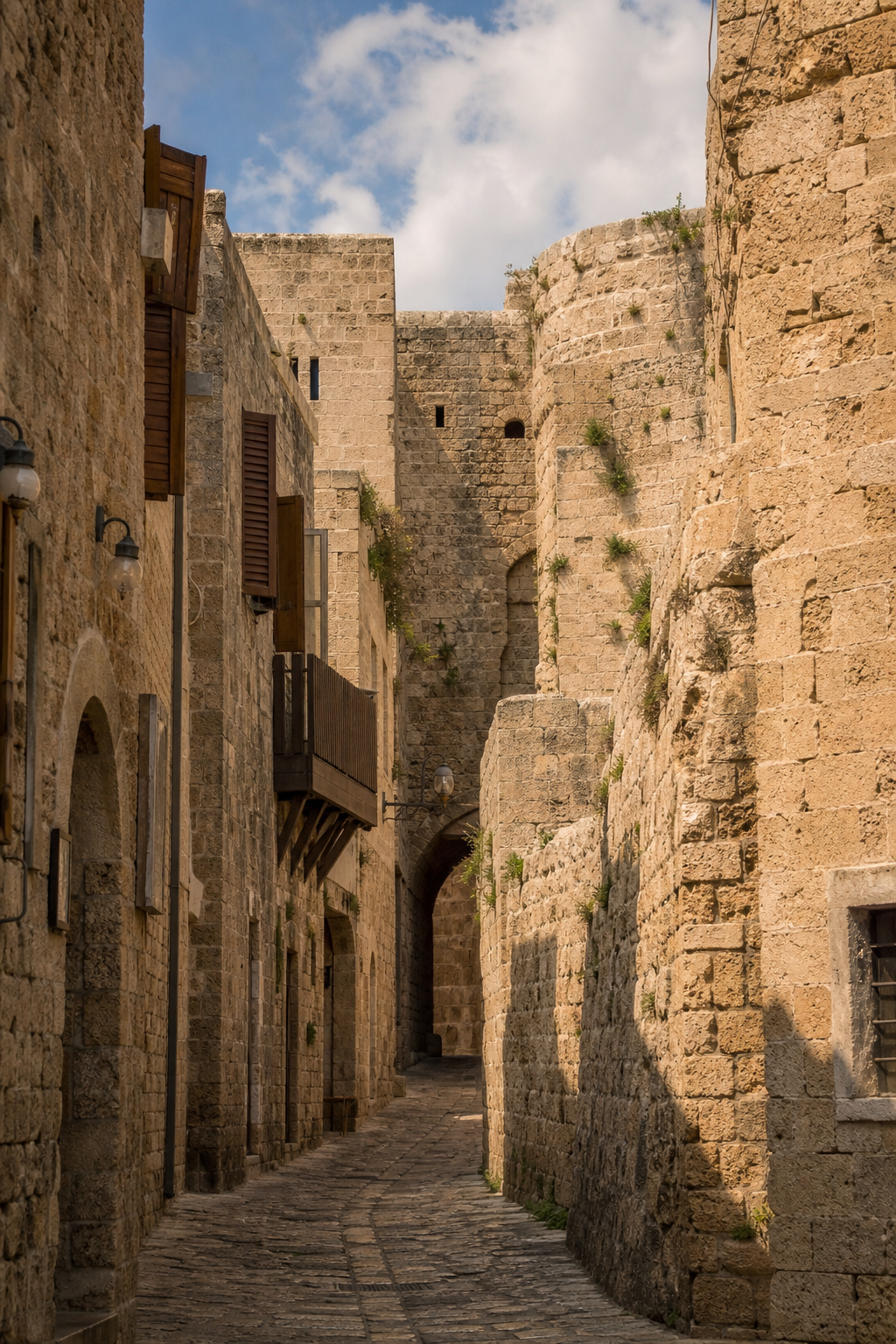 Narrow stone alley in Akko Old City with ancient walls and arched passageway
