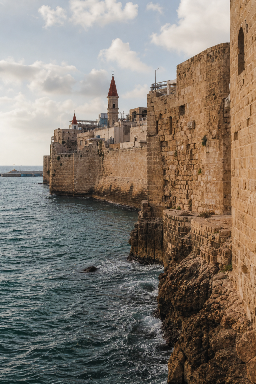 Historic fortified walls of Akko Old City overlooking the Mediterranean